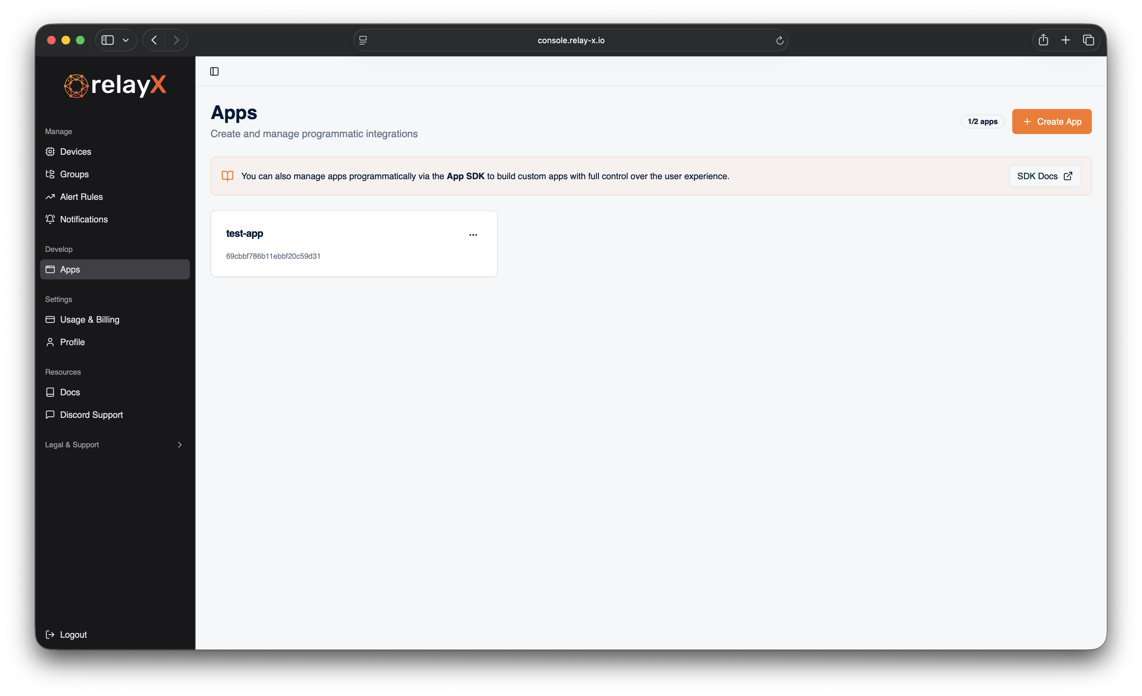 Apps page in the RelayX console