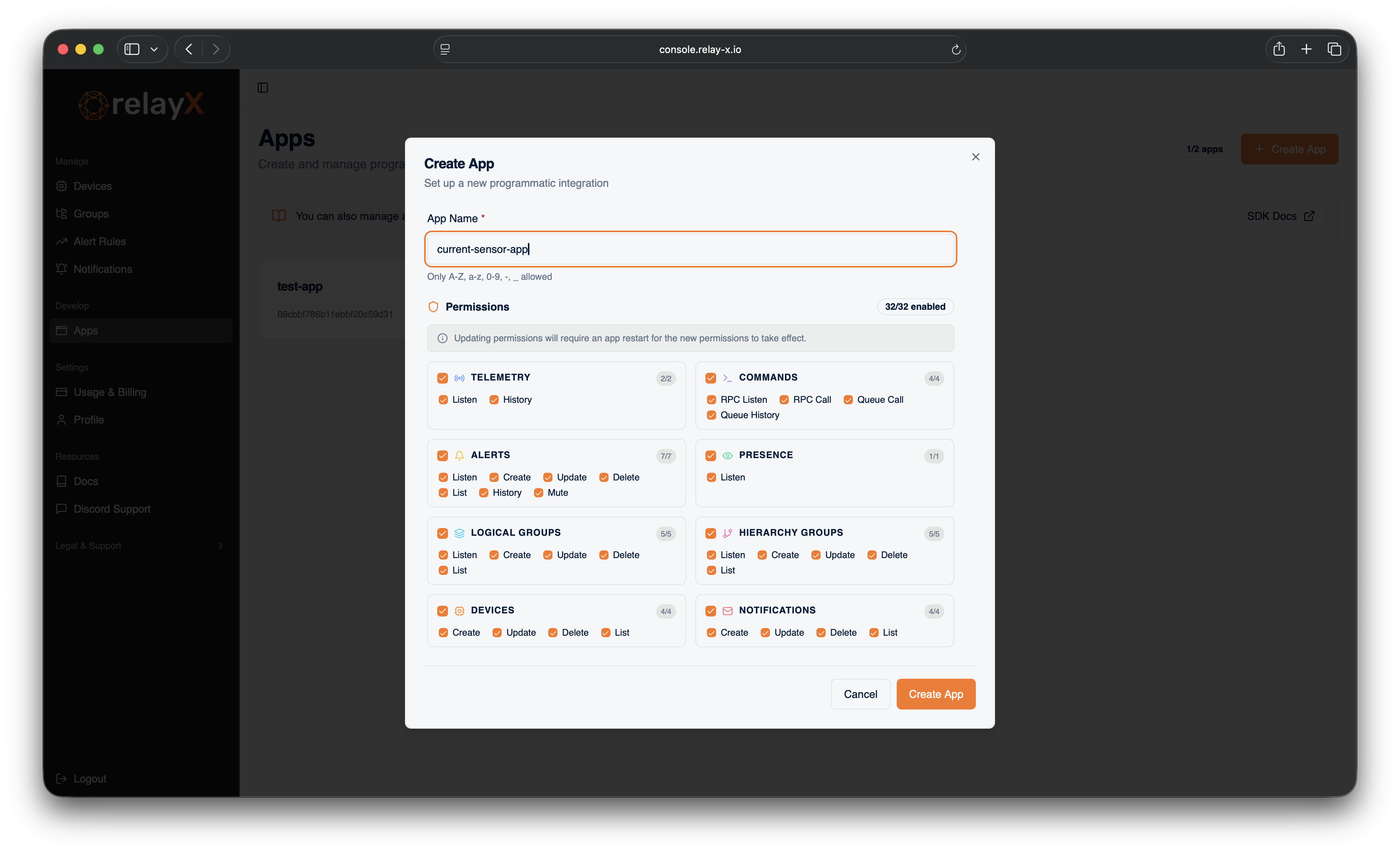 App configuration form