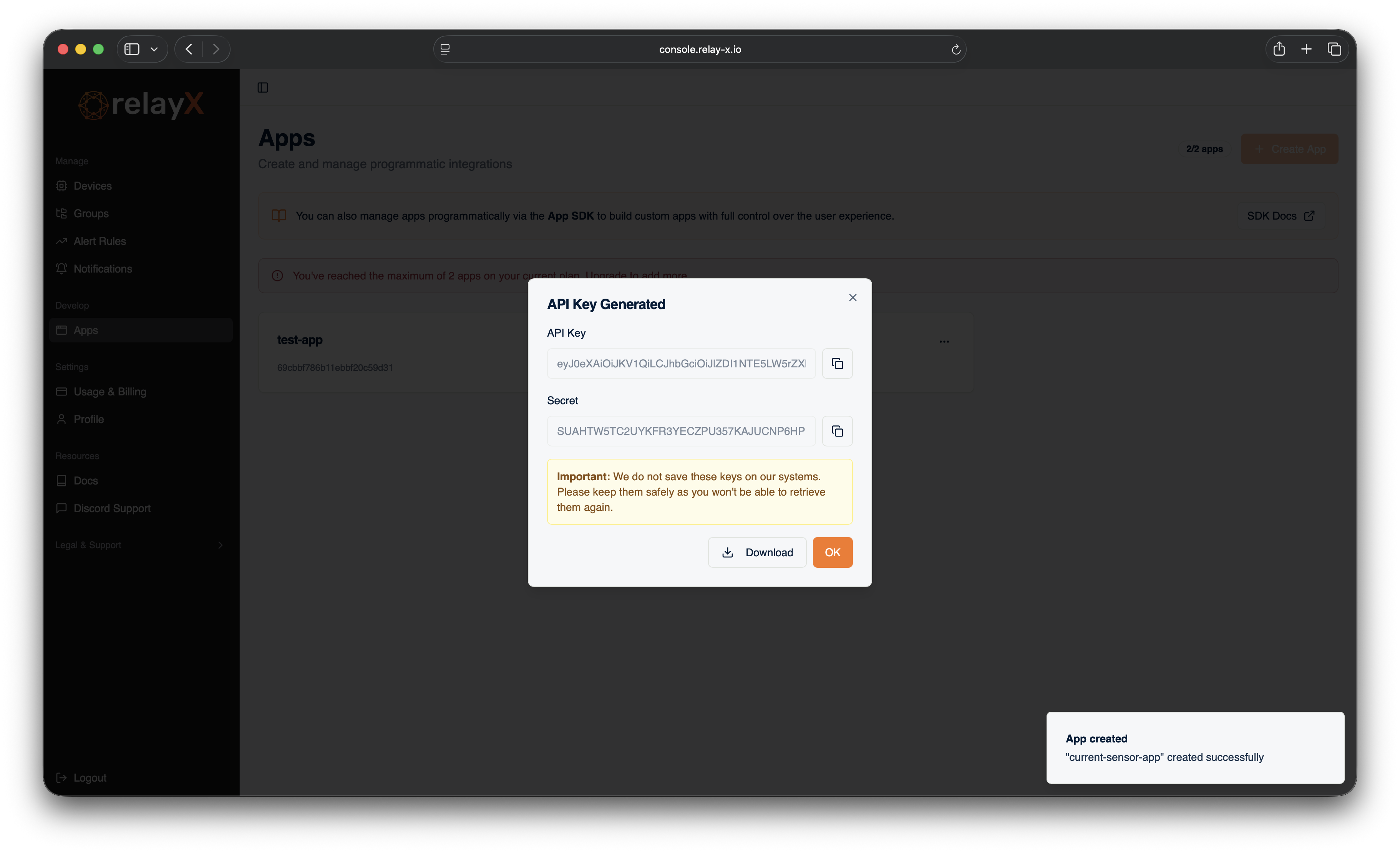 API key and secret screen with download button