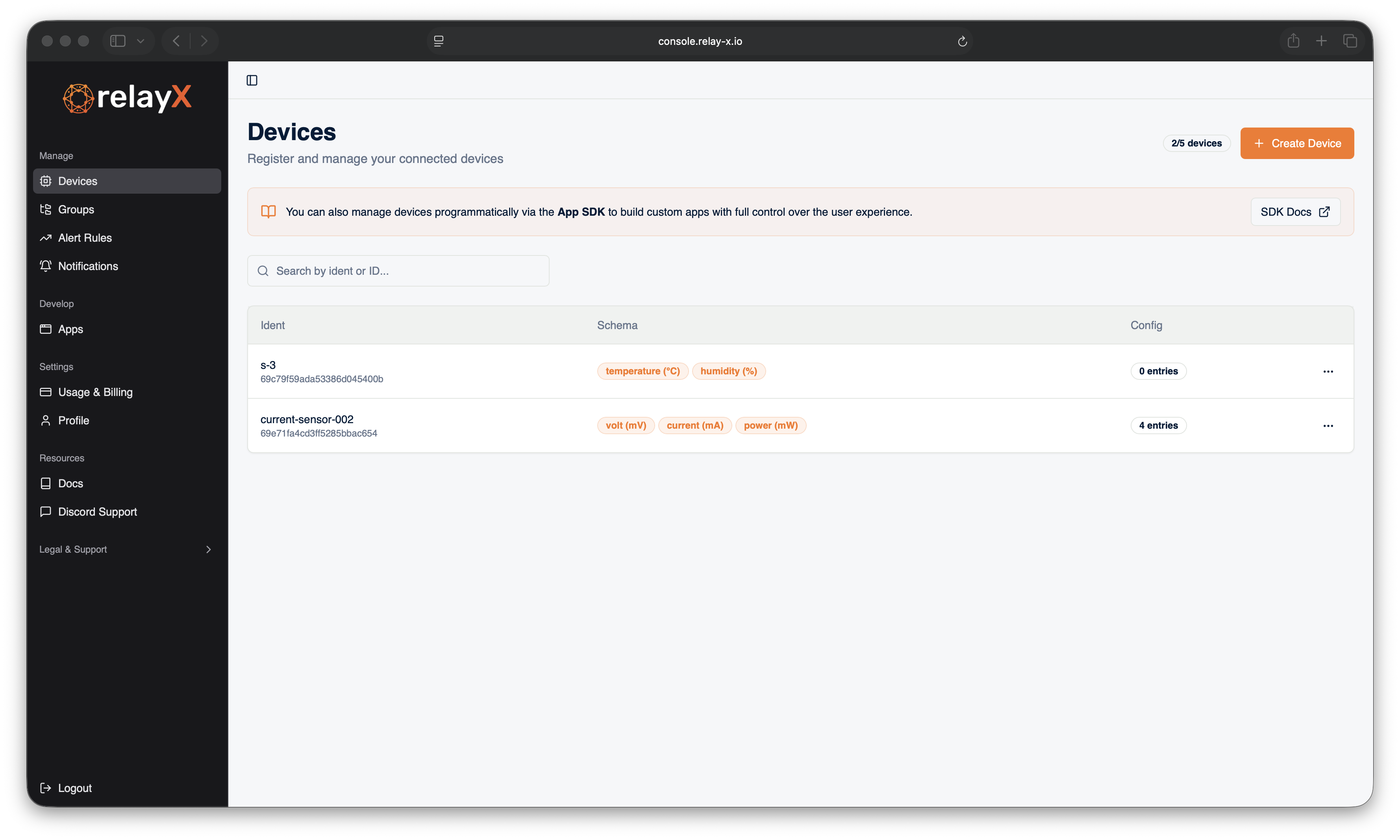 Devices page in the RelayX console
